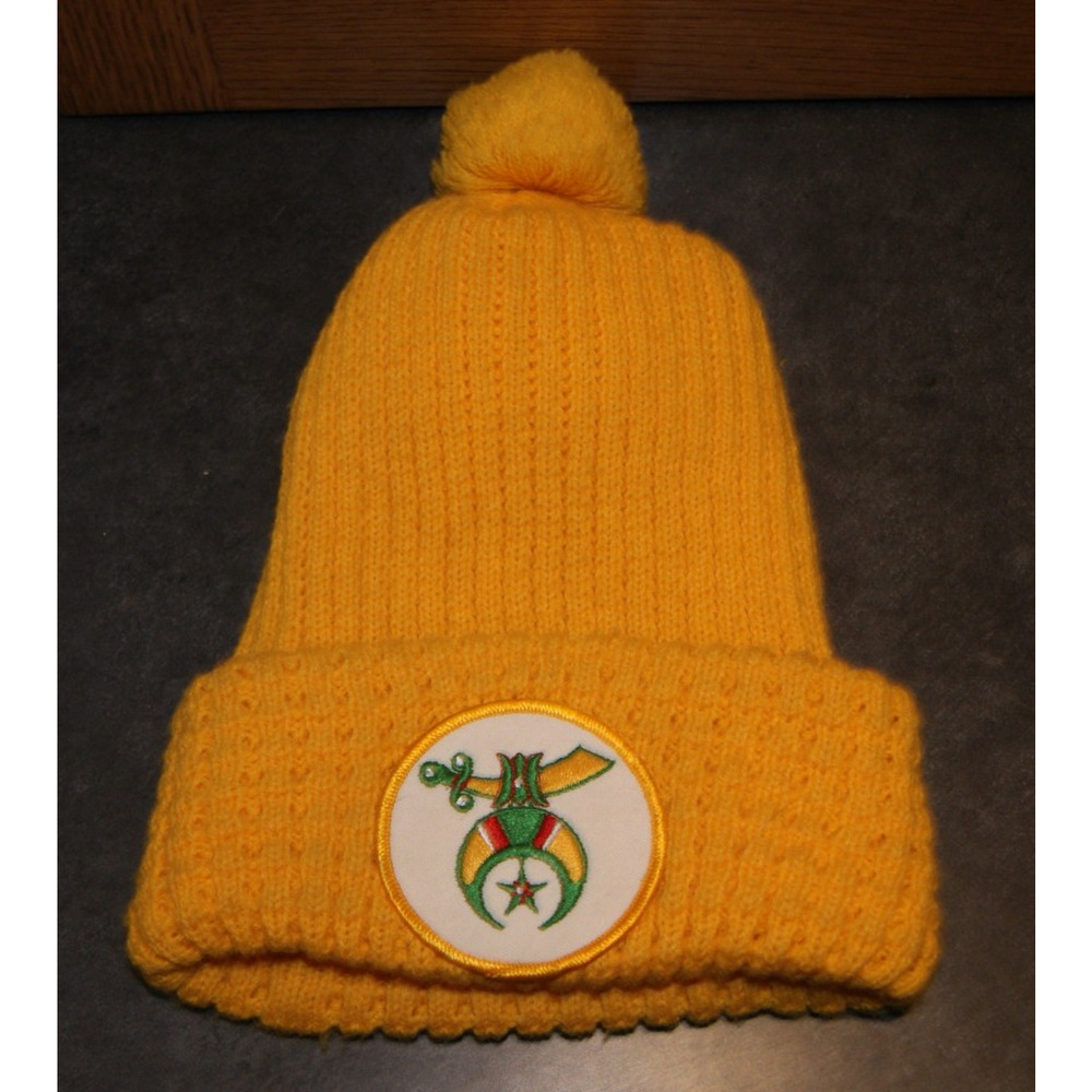 Vintage 70s Masonic Shriner Circle Patch Yellow Winter Knit Hat Ski Cap Pom